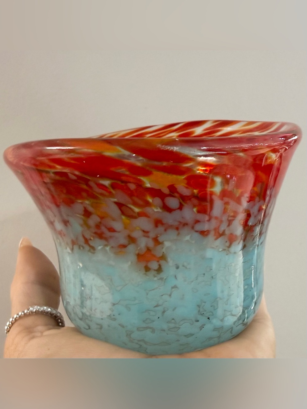 Vintage Monart Art Glass Red and Aqua Blue Bowl Marbled Swirl